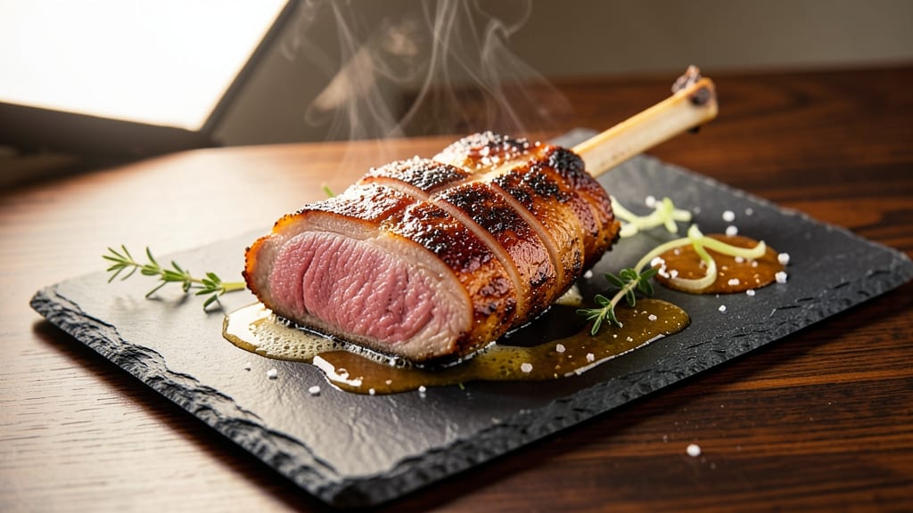 Michelin Star Pork Chops Recipe: Celery Crown Crunch Over Apple-Cider Velout