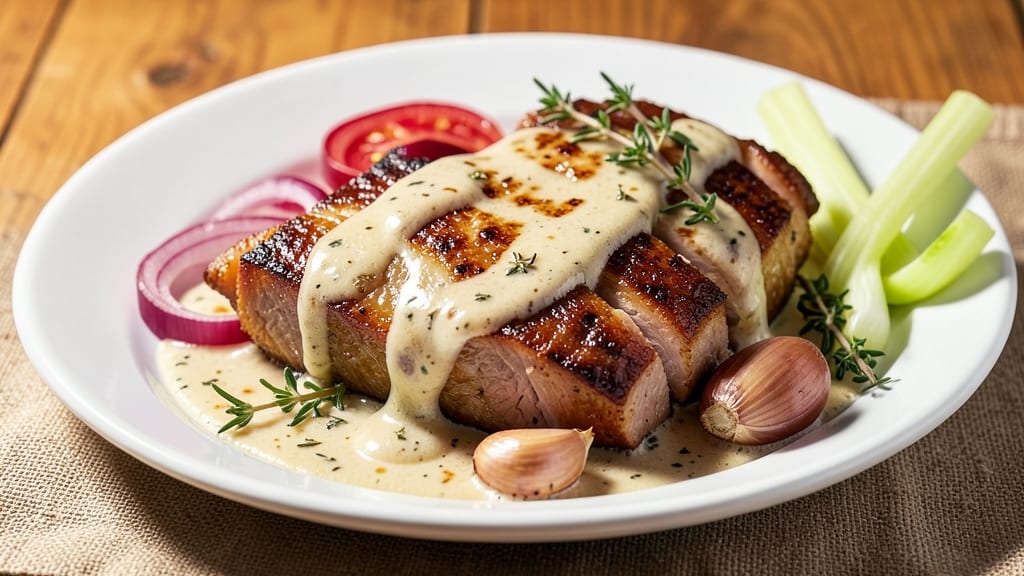 Milk Braised Pork Loin Recipe: Crispy Celery Crowns Over Rich Herb Gravy
