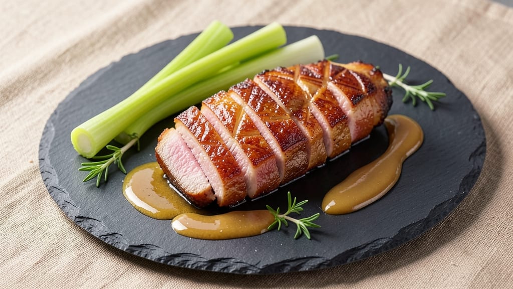 Michael Symon's Pork Belly Recipe: Crispy Celery Crowns Over Apple-Cider Gravy