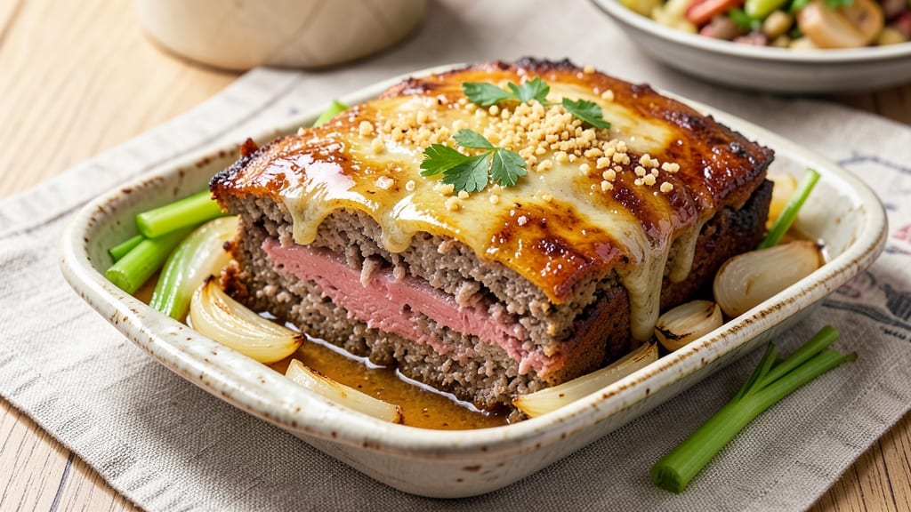All-Pork Meatloaf Recipe: Smoky Celery Crown Crunch Over Tangy BBQ Glaze