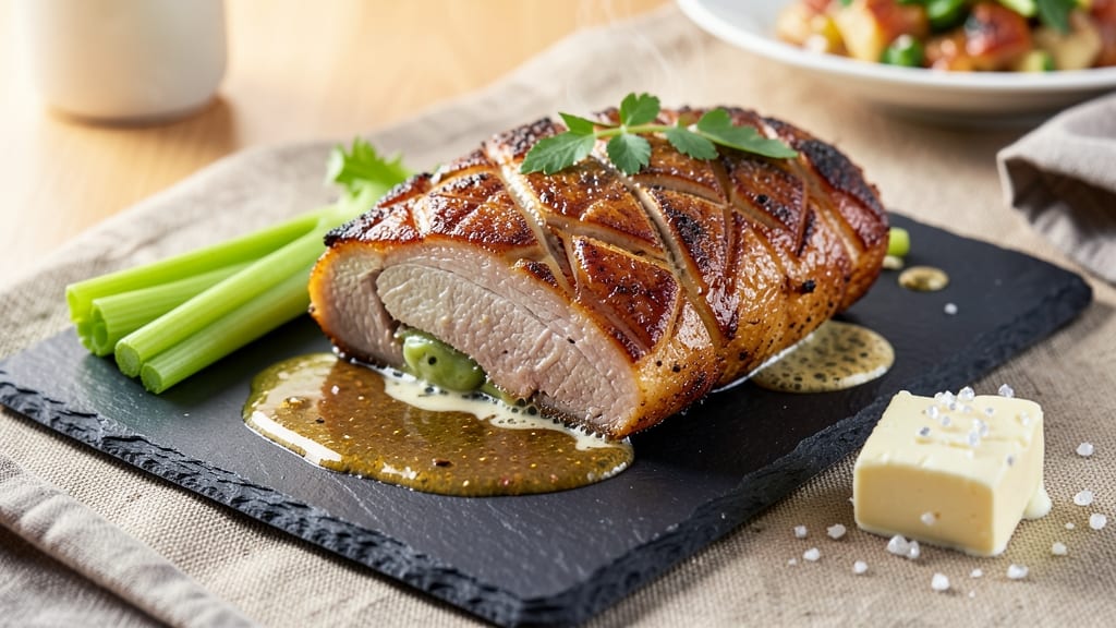 Air Fryer Roast Pork Belly Recipe: Crispy Celery Crown Topping Over Savory Gravy