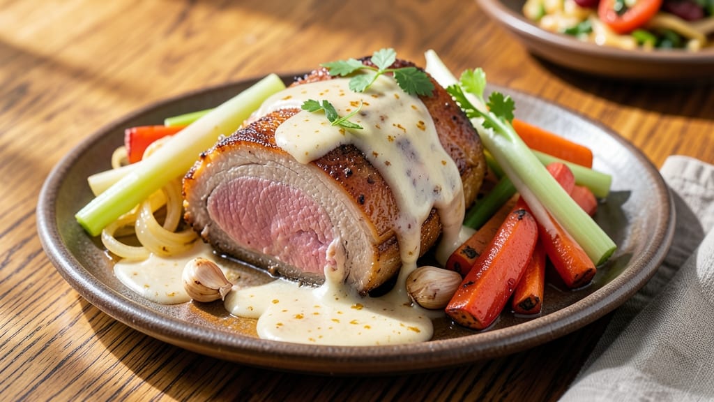 Milk Braised Pork Recipe: Celery Crown Crunch Over Herb-Infused Gravy