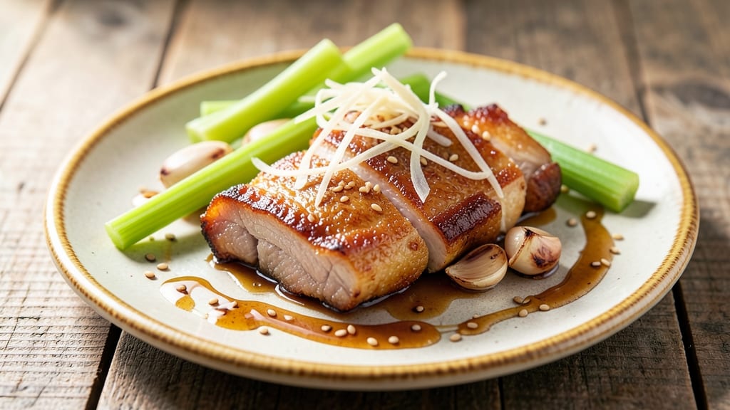 Asian Pork Jowl Recipe: Crispy Celery Crowns Over Silky Braised Richness