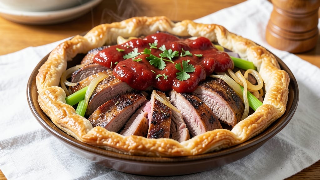 Michael Symon's Pork Pie Recipe: Celery Crown Crunch Over Smoky Tomato Velout