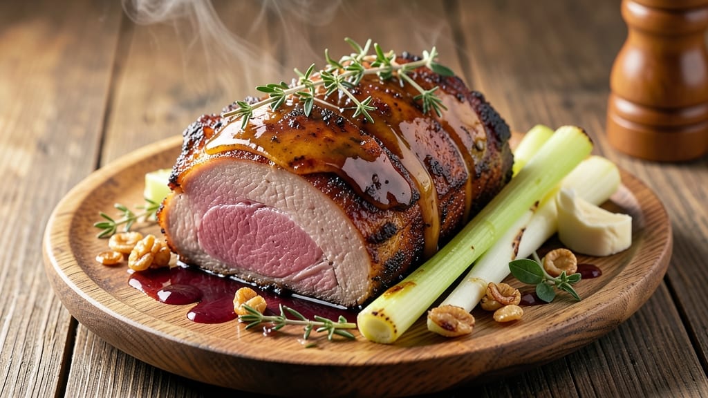 Alternative Roast Pork Recipe: Crispy Celery Crown Over Smoky Apple Cider Gravy