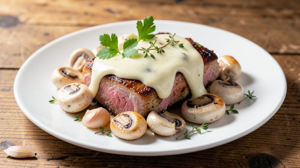 Baked Pork Chops With Mushrooms Recipe: Savory Herb Crust and Melted Cheese Topping