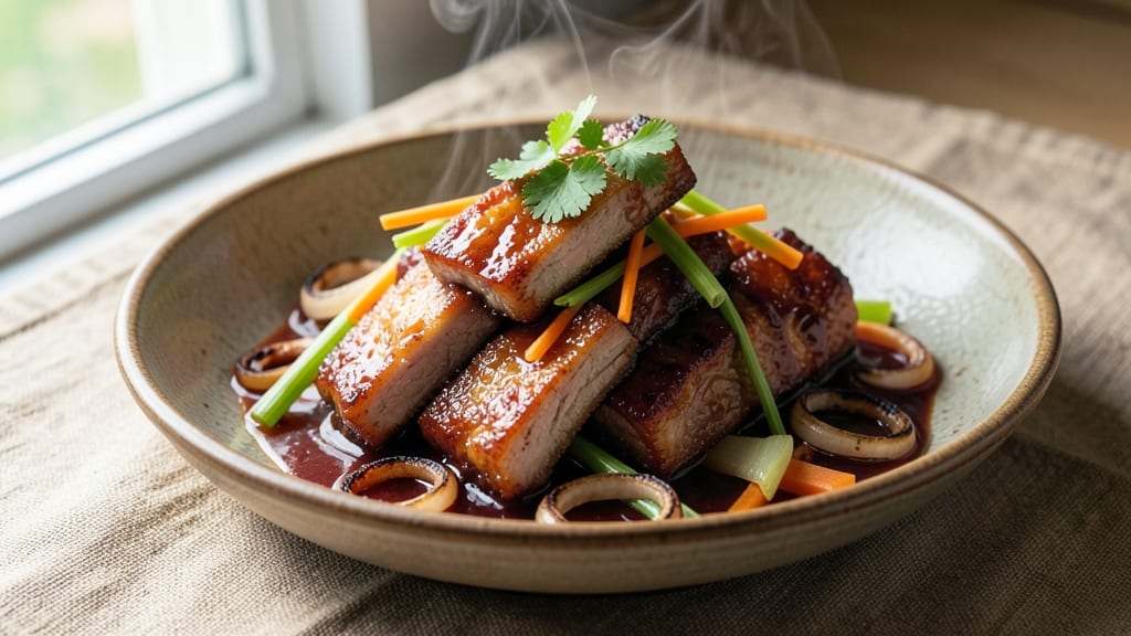Ah So Sauce Boneless Pork Ribs Recipe: Celery Crown Crunch Over Smoky Tomato Gravy