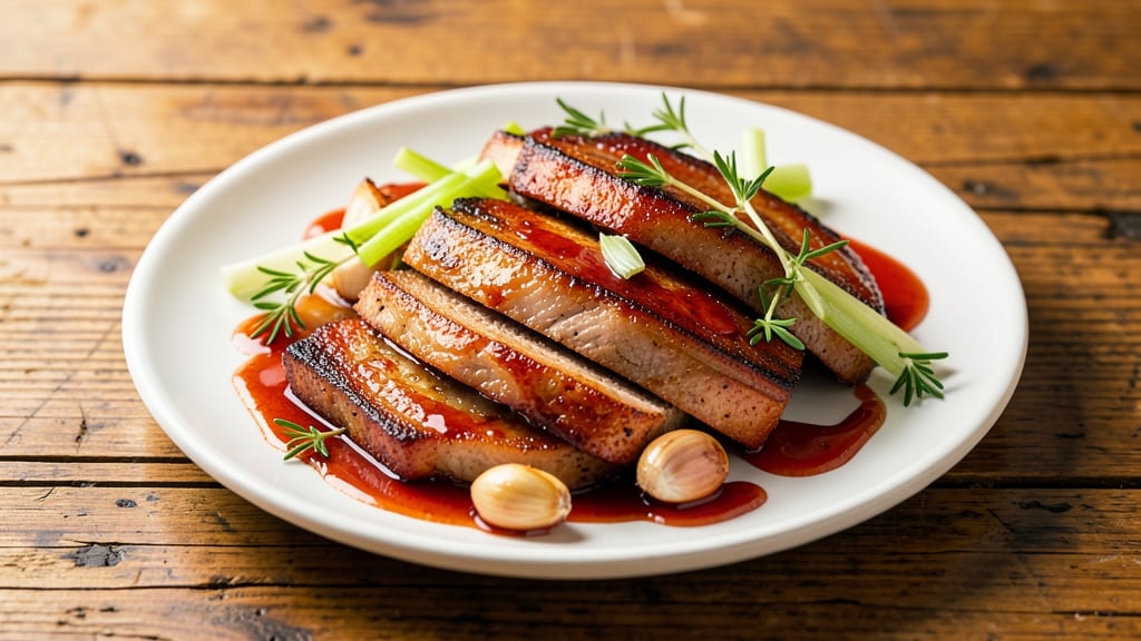 Apple Cider Pork Belly Recipe: Crispy Celery Crowns Over Braised Sweetness