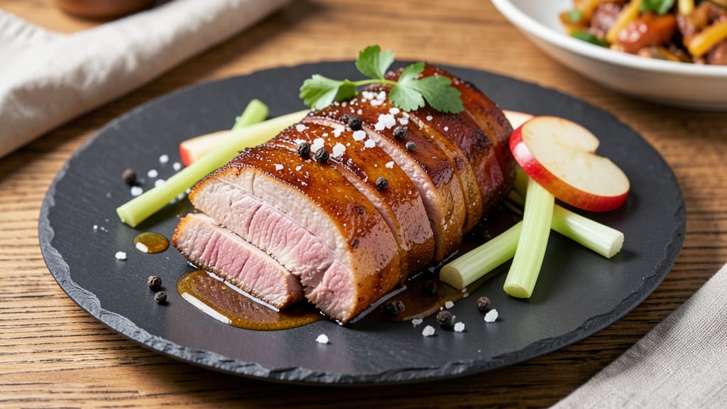 Amazing Pork Belly Recipe: Crispy Celery Crowns Over Smoky Apple Gravy